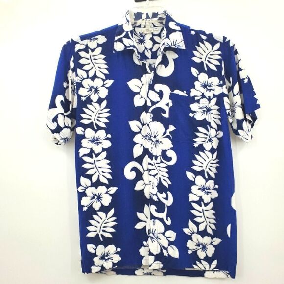 Bali Collection Passion Hawaiian Royal Navy Blue White Floral Hawaiian Shirt 14 - Picture 8 of 12
